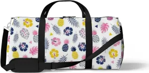 Colorful Hibiscus Flowers Pineapples Tropical Leavs Sports Duffel Bag Travel Gym Tote Bags Lightweight Durable Shoulder Strap Waterproof Polyester Outside Mesh Pocket Overnight Trip Duffel Bag for Women Men