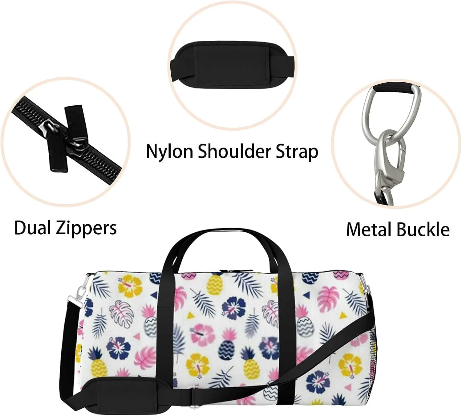 Colorful Hibiscus Flowers Pineapples Tropical Leavs Sports Duffel Bag Travel Gym Tote Bags Lightweight Durable Shoulder Strap Waterproof Polyester Outside Mesh Pocket Overnight Trip Duffel Bag for Women Men
