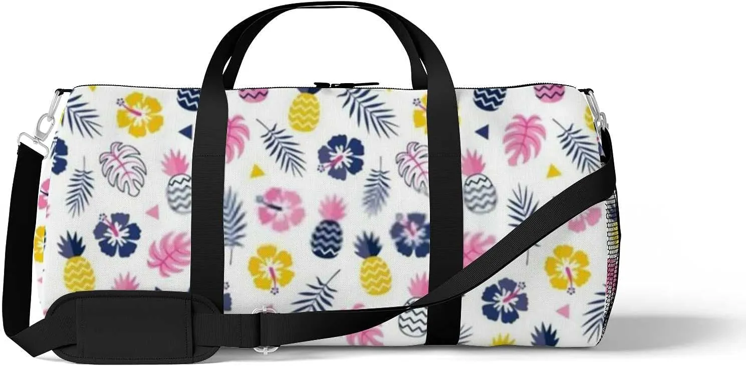 Colorful Hibiscus Flowers Pineapples Tropical Leavs Sports Duffel Bag Travel Gym Tote Bags Lightweight Durable Shoulder Strap Waterproof Polyester Outside Mesh Pocket Overnight Trip Duffel Bag for Women Men