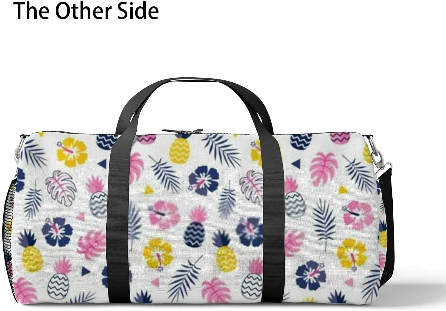 Colorful Hibiscus Flowers Pineapples Tropical Leavs Sports Duffel Bag Travel Gym Tote Bags Lightweight Durable Shoulder Strap Waterproof Polyester Outside Mesh Pocket Overnight Trip Duffel Bag for Women Men