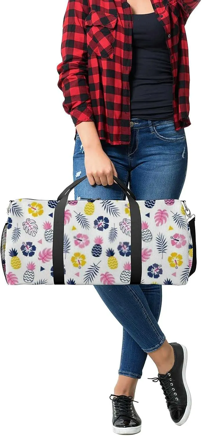 Colorful Hibiscus Flowers Pineapples Tropical Leavs Sports Duffel Bag Travel Gym Tote Bags Lightweight Durable Shoulder Strap Waterproof Polyester Outside Mesh Pocket Overnight Trip Duffel Bag for Women Men