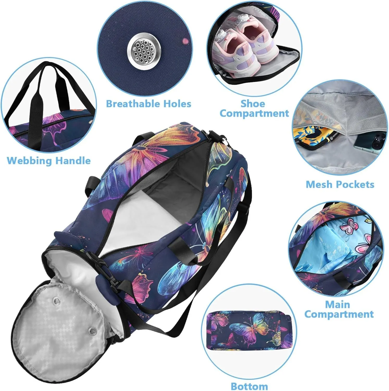 Colorful Neon Butterflies Girls Duffle Bags for Travel Weekender Overnight Gym Duffle Kids Luggage Boys Carry on Duffel Bag