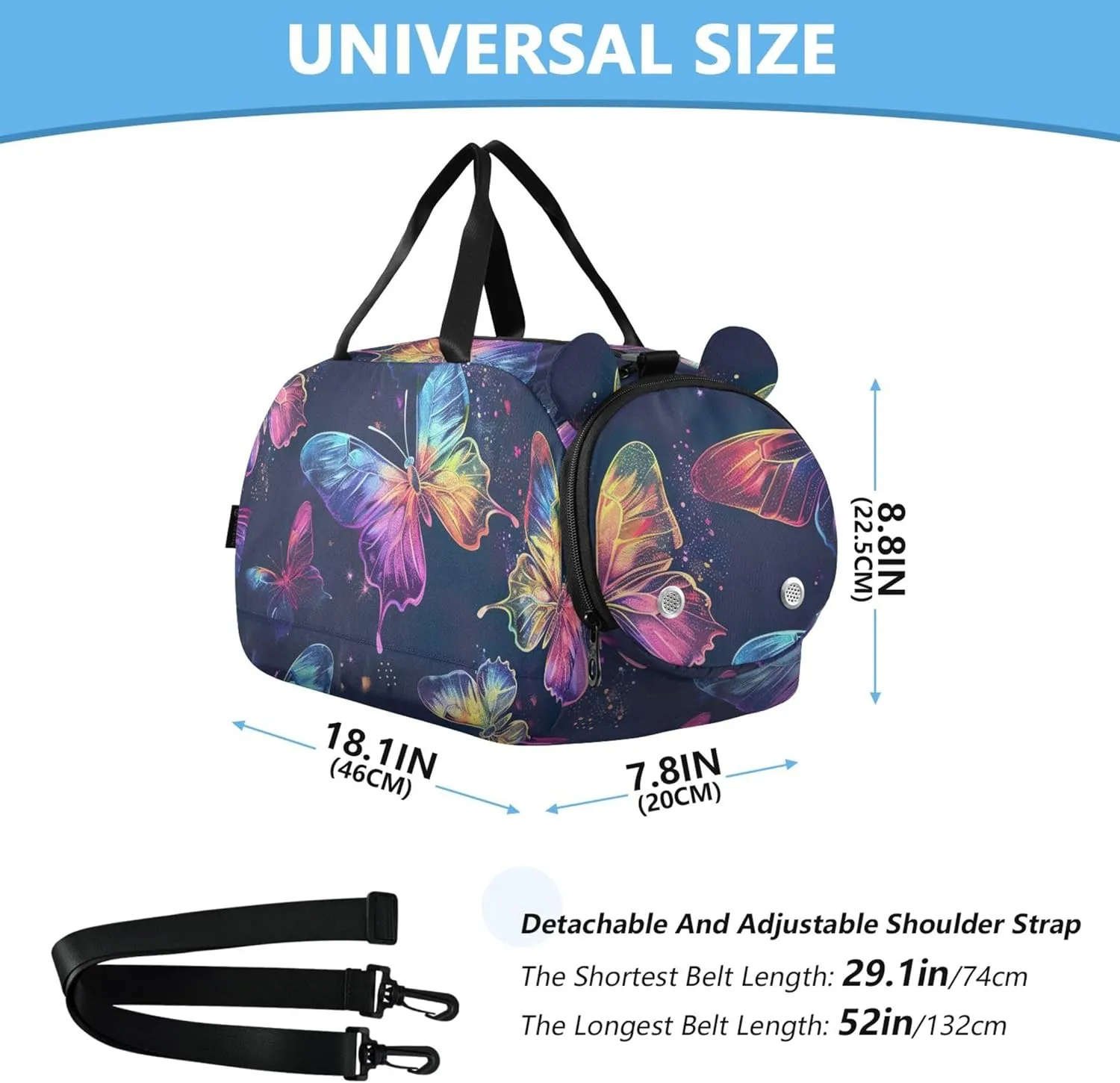 Colorful Neon Butterflies Girls Duffle Bags for Travel Weekender Overnight Gym Duffle Kids Luggage Boys Carry on Duffel Bag