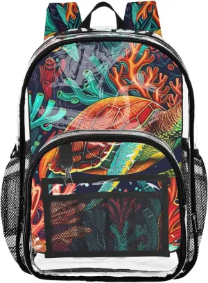 Colorful Sea Turtle Coral Reefs Travel Clear Bags for Women Boys Backpacks for Girls See through Approved Bag