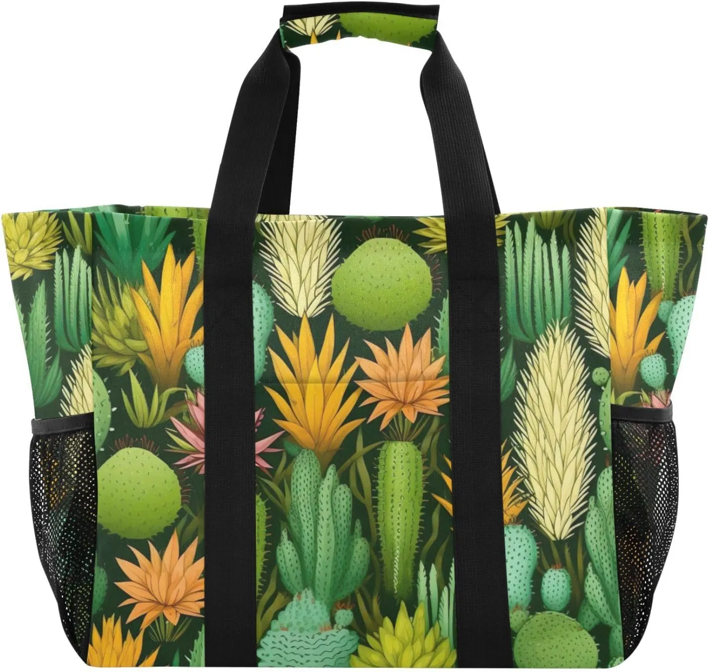 Colorful Succulents Cactus Flower Tote Bag for Women with Zipper Large Beach Bags Foldable Totes Work Bag Handbags for Grocery Pool Gym Travel