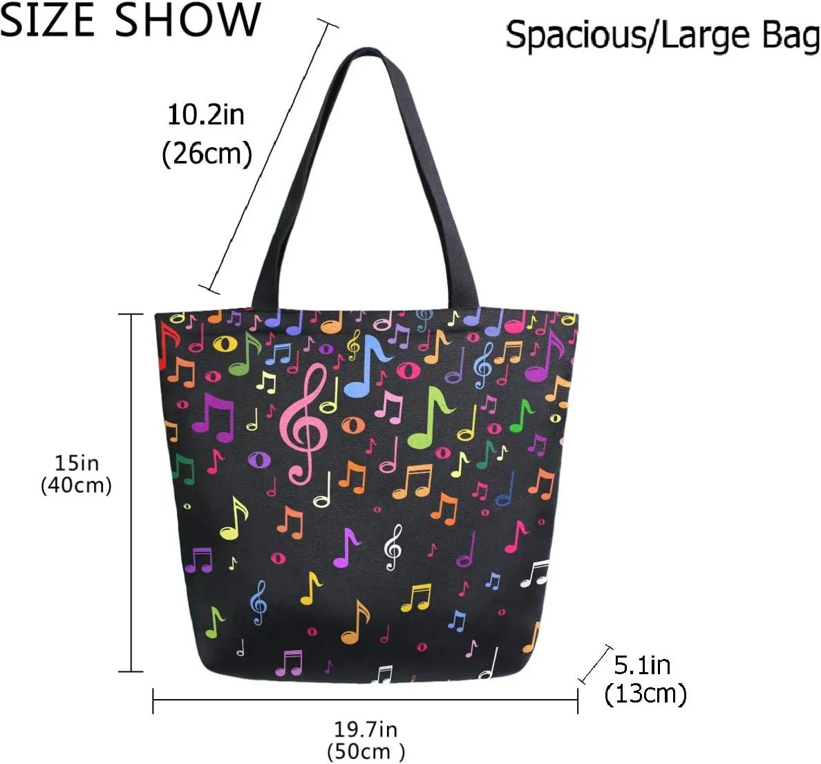 Colors Musical Note Large Canvas Shoulder Tote Top Handle Bag for Daily Gym Beach Travel Reusable Grocery Shopping