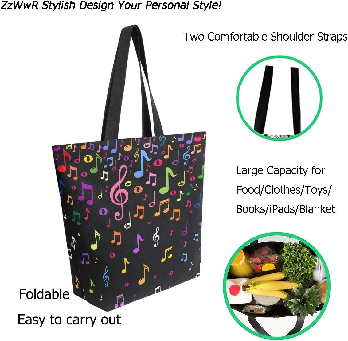 Colors Musical Note Large Canvas Shoulder Tote Top Handle Bag for Daily Gym Beach Travel Reusable Grocery Shopping