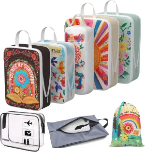 Compression Packing Cubes for Travel, 8 Set Natural Life Luggage Organizers, Waterproof Expandable/Compression Bags Bohemia Travel Packing Cubes with Clear Toiletry Bag and Shoe Bag
