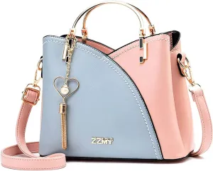 compulsoryking Women's Contrast Pu Leather Handbags Purse Color Block Handle Tote Bags Stitching Totes Satchel Shoulder Bag (Blue-Pink,23x 11.5 x 19 cm)