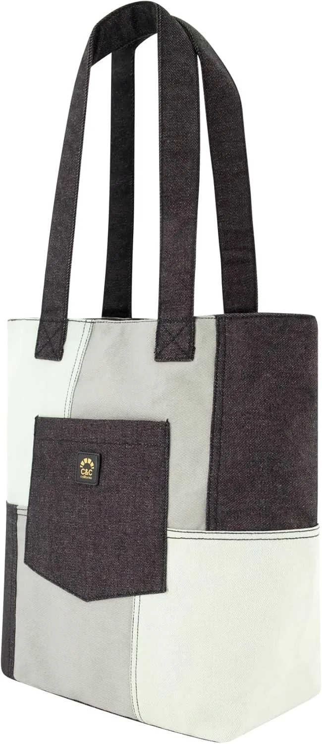 Concept One C&c California Tote Bag, Casual Everyday Shoulder Handbag with Denim Patchwork and Front Pocket