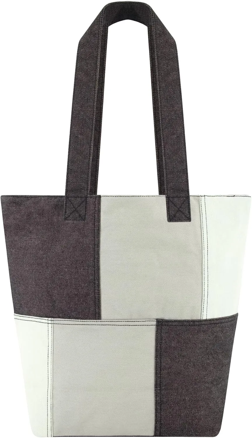 Concept One C&c California Tote Bag, Casual Everyday Shoulder Handbag with Denim Patchwork and Front Pocket