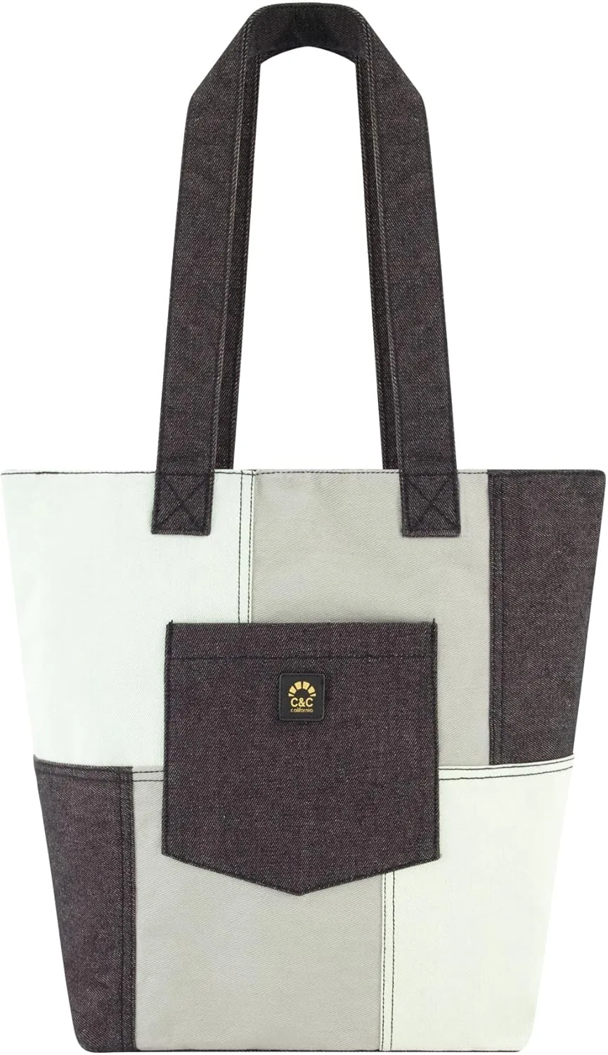 Concept One C&c California Tote Bag, Casual Everyday Shoulder Handbag with Denim Patchwork and Front Pocket