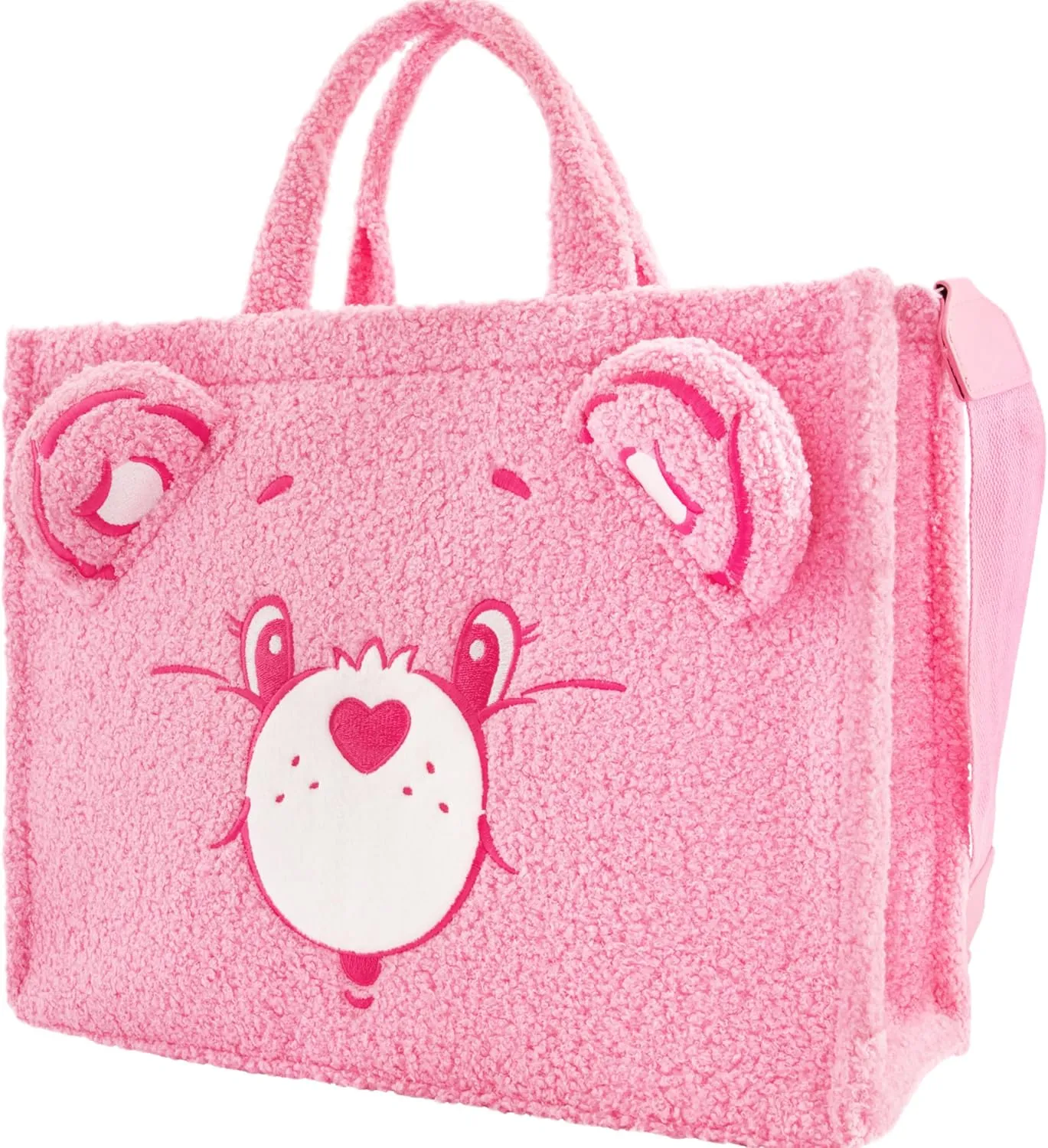 Concept One Care Bears Tote Bag, Cheer Bear Faux Fur Travel Handbag with Adjustable Shoulder Strap and Trolley Sleeve, Pink