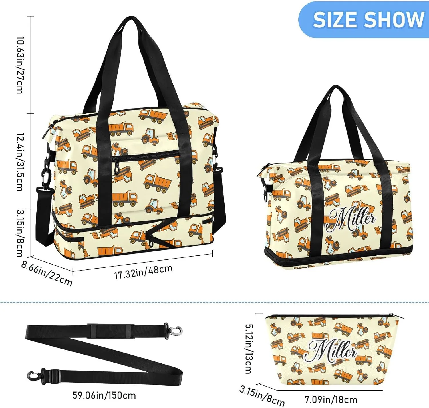 Construction Transports Theme Custom Sport Travel Duffel Bag for Women Men Gym Bag with Shoe Compartment Personalized Carry On Weekender Overnight Bags for Travel Hospital Gym