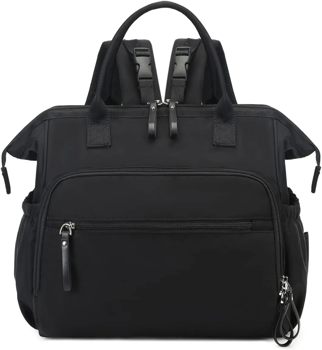 Convertible Diaper Bag Tote, Wide Open Top 14 Pockets Nappy Backpack with Stroller Buckle, Water-resistant (Black)