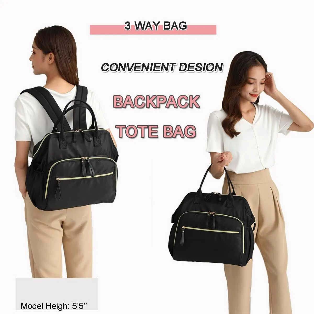 Convertible Diaper Bag Tote, Wide Open Top 14 Pockets Nappy Backpack with Stroller Buckle, Water-resistant (Black)
