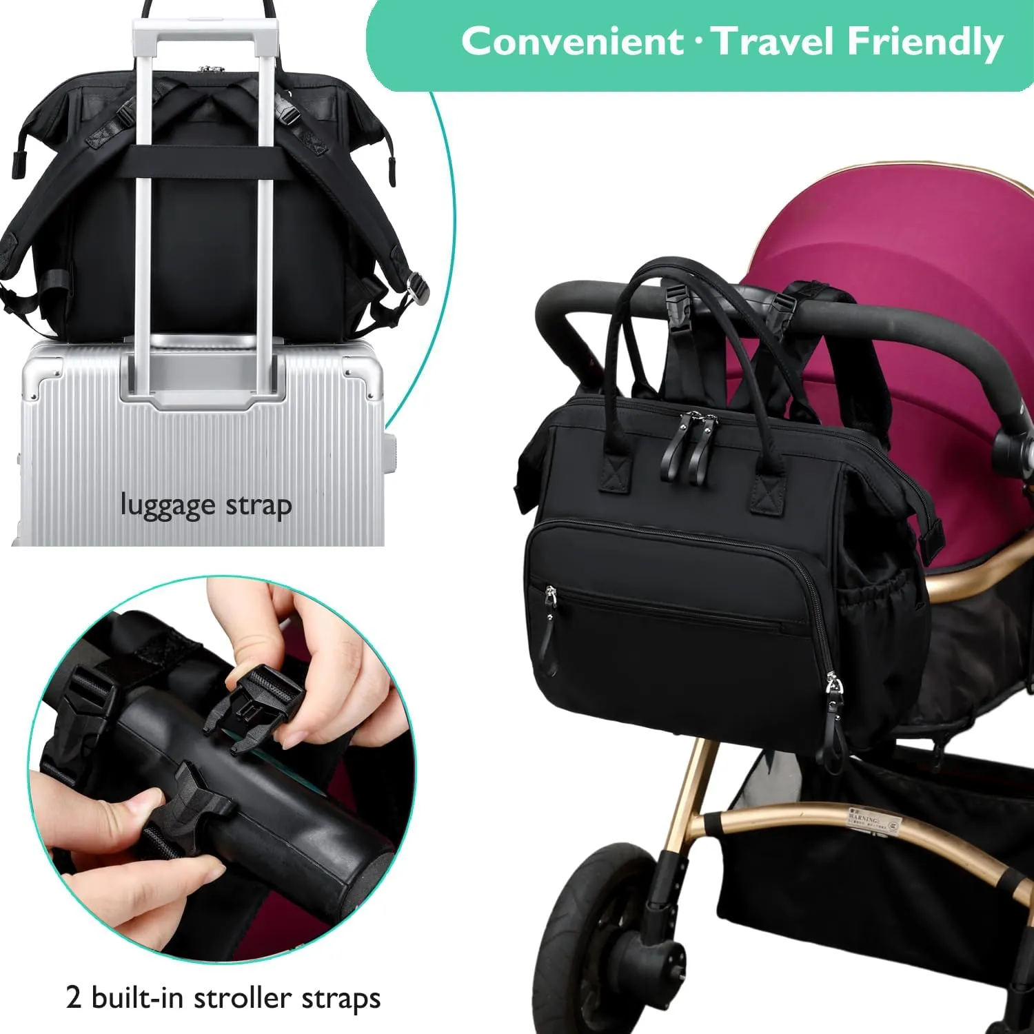 Convertible Diaper Bag Tote, Wide Open Top 14 Pockets Nappy Backpack with Stroller Buckle, Water-resistant (Black)
