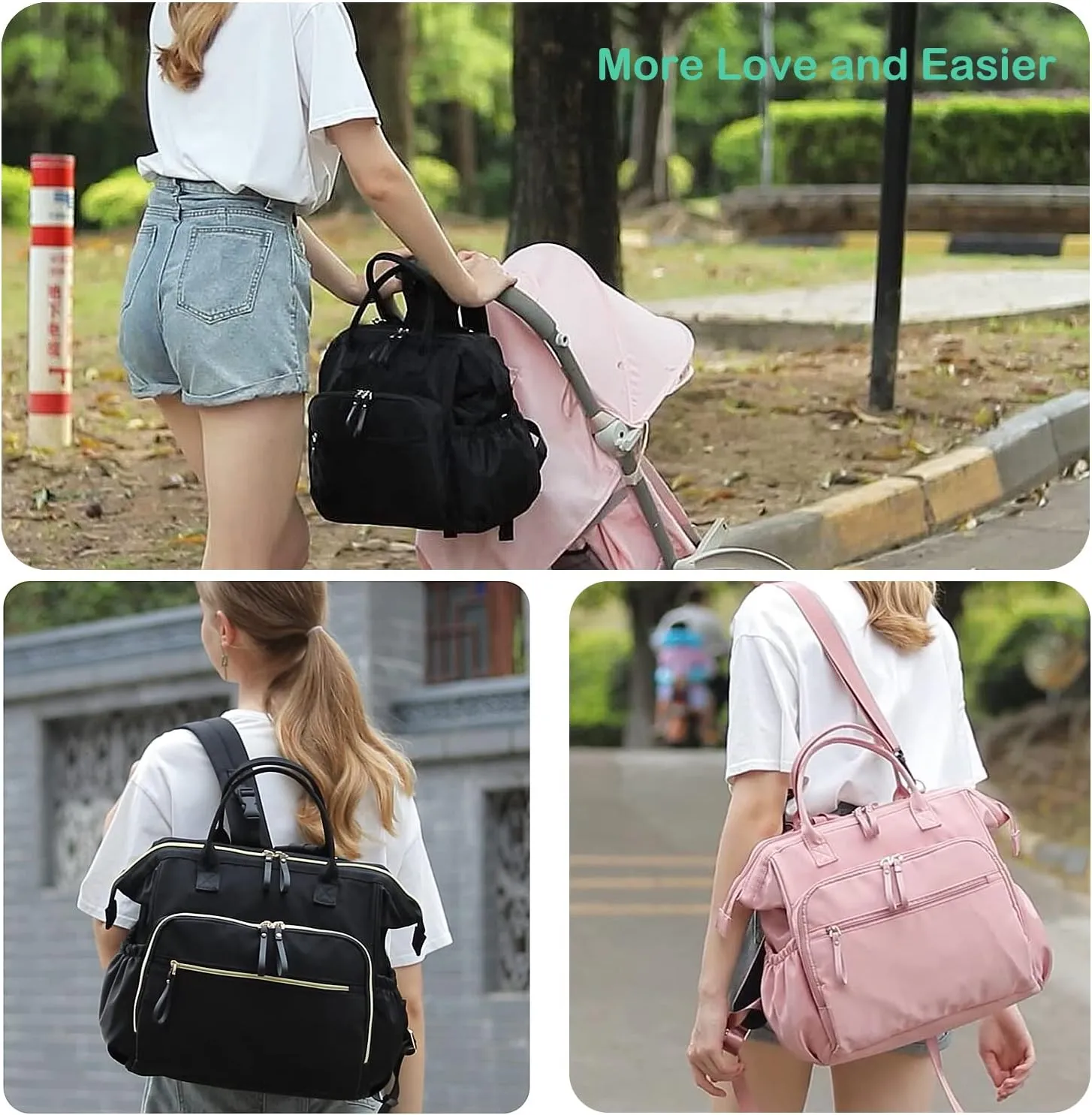 Convertible Diaper Bag Tote, Wide Open Top 14 Pockets Nappy Backpack with Stroller Buckle, Water-resistant (Black)