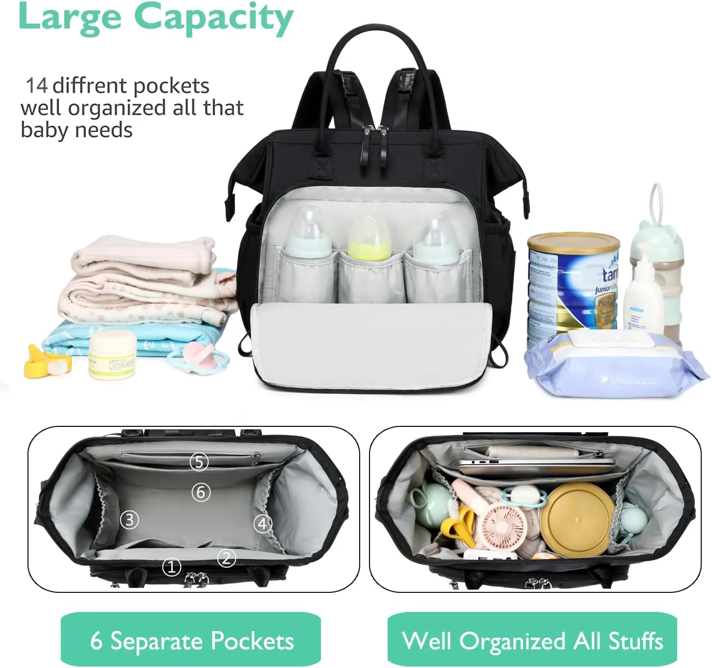 Convertible Diaper Bag Tote, Wide Open Top 14 Pockets Nappy Backpack with Stroller Buckle, Water-resistant (Black)