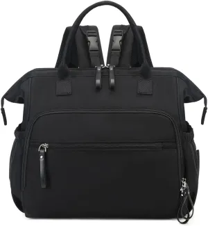 Convertible Diaper Bag Tote, Wide Open Top 14 Pockets Nappy Backpack with Stroller Buckle, Water-resistant (Black)