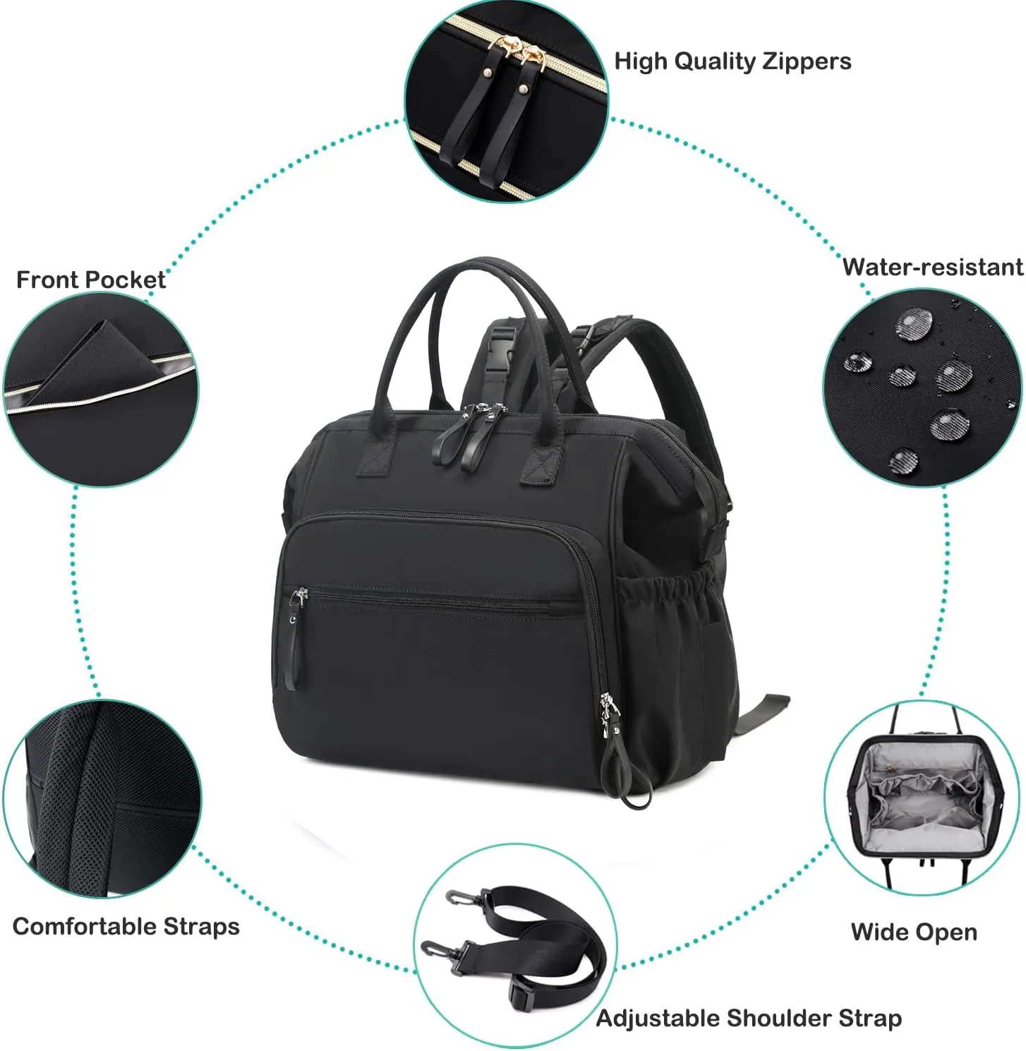 Convertible Diaper Bag Tote, Wide Open Top 14 Pockets Nappy Backpack with Stroller Buckle, Water-resistant (Black)