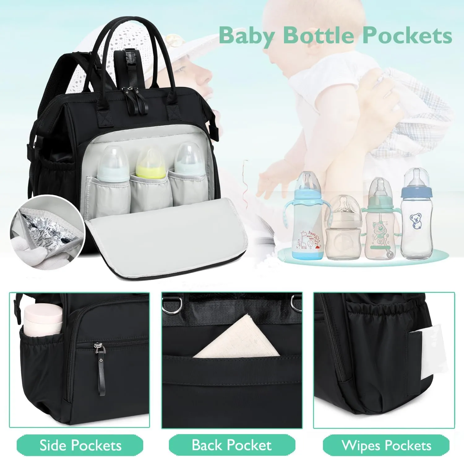 Convertible Diaper Bag Tote, Wide Open Top 14 Pockets Nappy Backpack with Stroller Buckle, Water-resistant (Black)