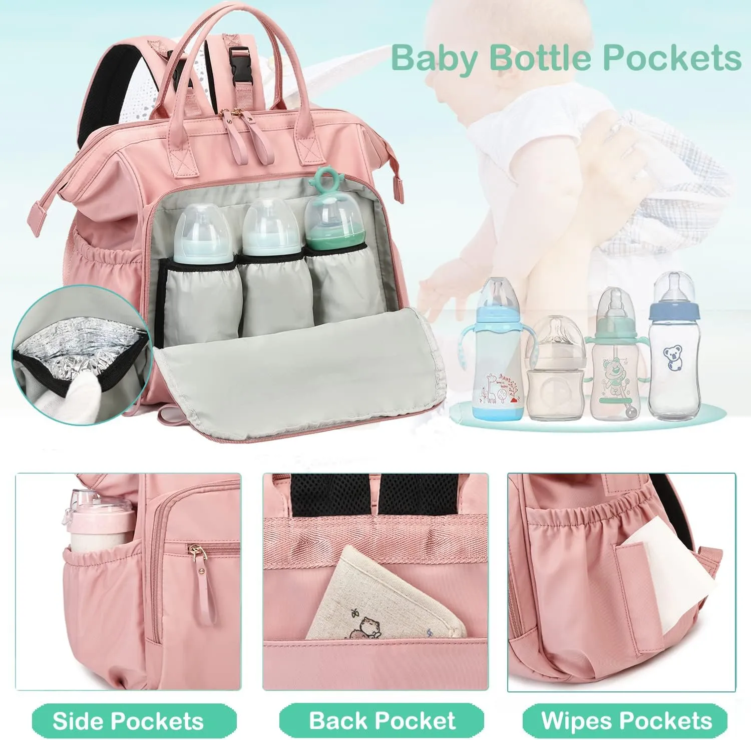 Convertible Diaper Bag Tote, Wide Open Top 14 Pockets Nappy Changing Backpack with Stroller Buckle, Water-resistant (Beige)
