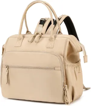 Convertible Diaper Bag Tote, Wide Open Top 14 Pockets Nappy Changing Backpack with Stroller Buckle, Water-resistant (Beige)
