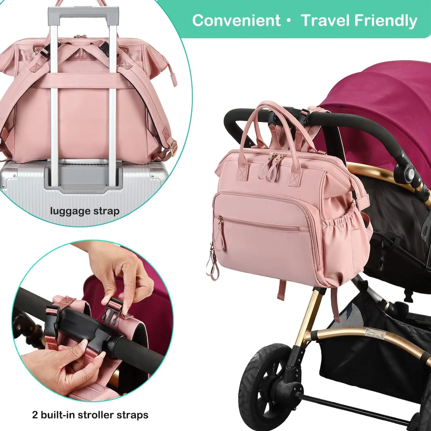 Convertible Diaper Bag Tote, Wide Open Top 14 Pockets Nappy Changing Backpack with Stroller Buckle, Water-resistant (Beige)