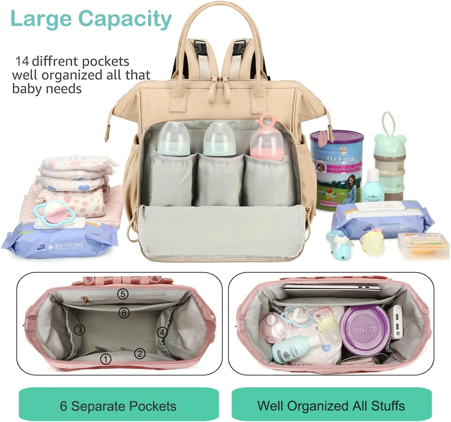 Convertible Diaper Bag Tote, Wide Open Top 14 Pockets Nappy Changing Backpack with Stroller Buckle, Water-resistant (Beige)