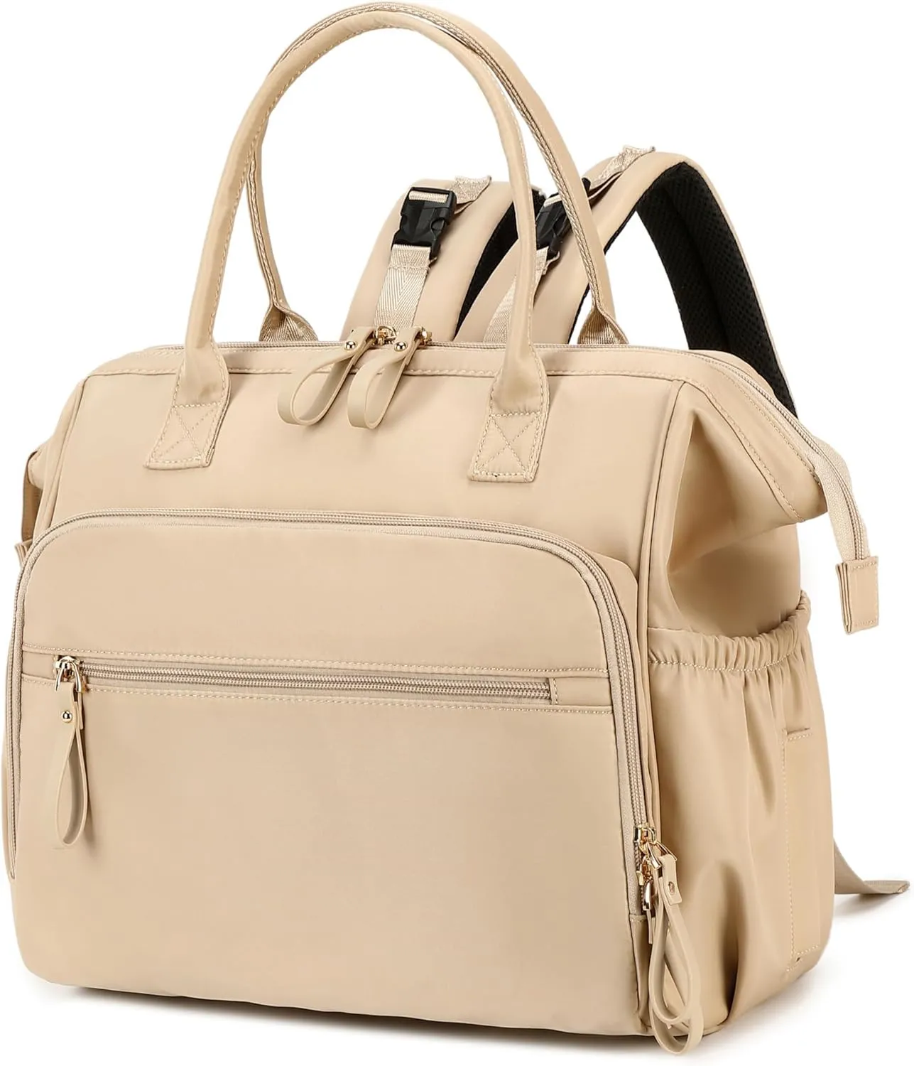 Convertible Diaper Bag Tote, Wide Open Top 14 Pockets Nappy Changing Backpack with Stroller Buckle, Water-resistant (Beige)