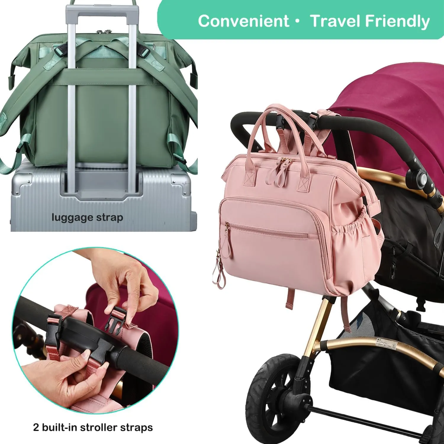 Convertible Diaper Bag Tote, Wide Open Top 14 Pockets Nappy Changing Backpack with Stroller Buckle, Water-resistant (Green)