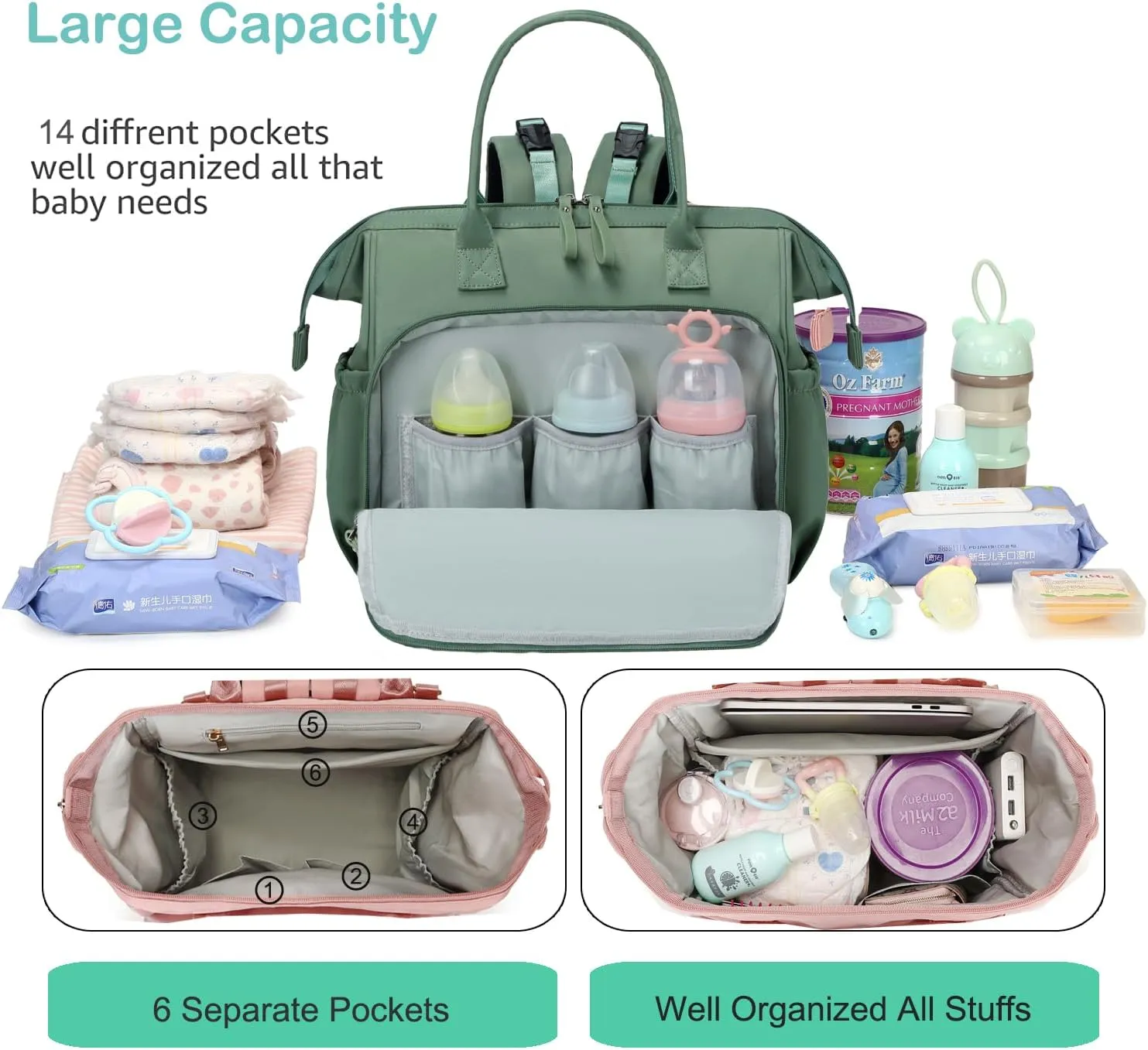 Convertible Diaper Bag Tote, Wide Open Top 14 Pockets Nappy Changing Backpack with Stroller Buckle, Water-resistant (Green)