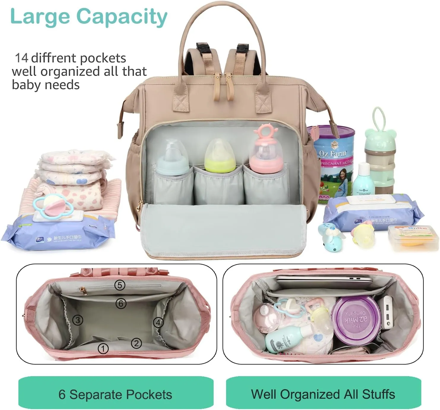 Convertible Diaper Bag Tote, Wide Open Top 14 Pockets Nappy Changing Backpack with Stroller Buckle, Water-resistant (Light Mocha Mousse)