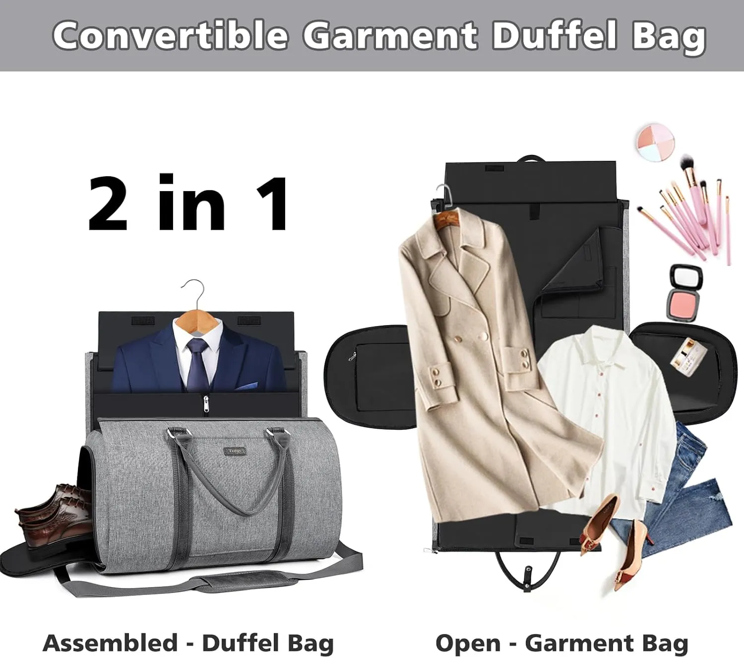 Convertible Garment Duffle Bags for Travel - Carry on Garment Bag for Men Women Large Travel Duffel Bag with Crossbody Bag 4pcs Set, 2 in 1 Hanging Suit Dress Clothes Travel Bag