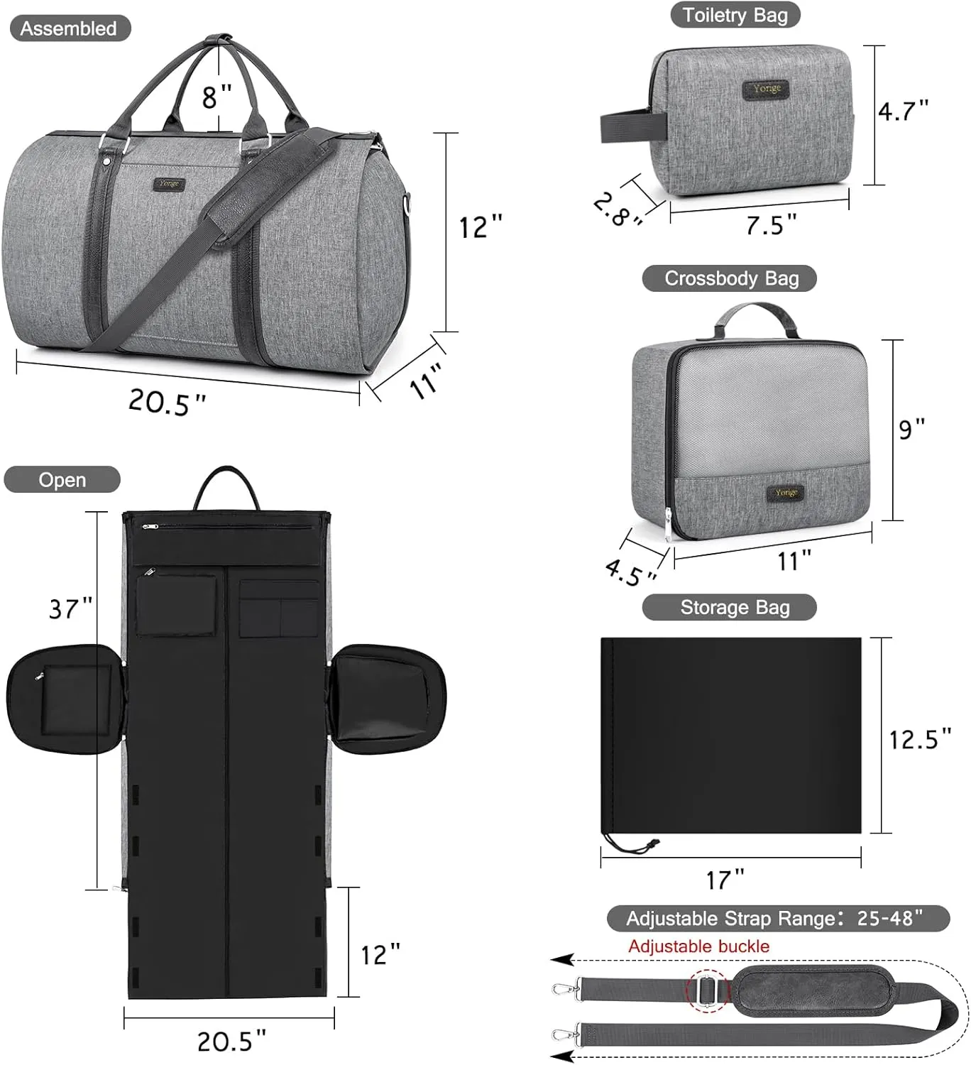 Convertible Garment Duffle Bags for Travel - Carry on Garment Bag for Men Women Large Travel Duffel Bag with Crossbody Bag 4pcs Set, 2 in 1 Hanging Suit Dress Clothes Travel Bag