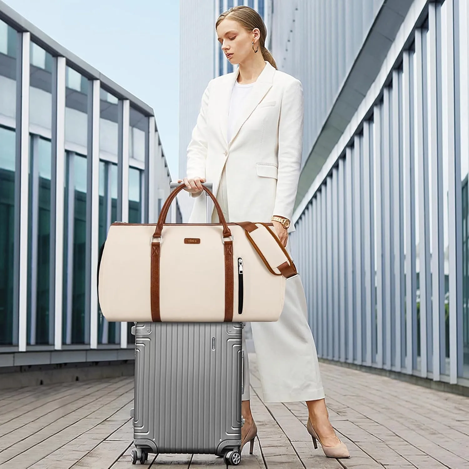 Convertible Garment Duffle Bags for Travel - Carry On Garment Bags With Toiletry Bag, Large Weekender Bags for Women Men 2 in 1 Hanging Suitcase Suit Travel Duffel Bags (Off White)