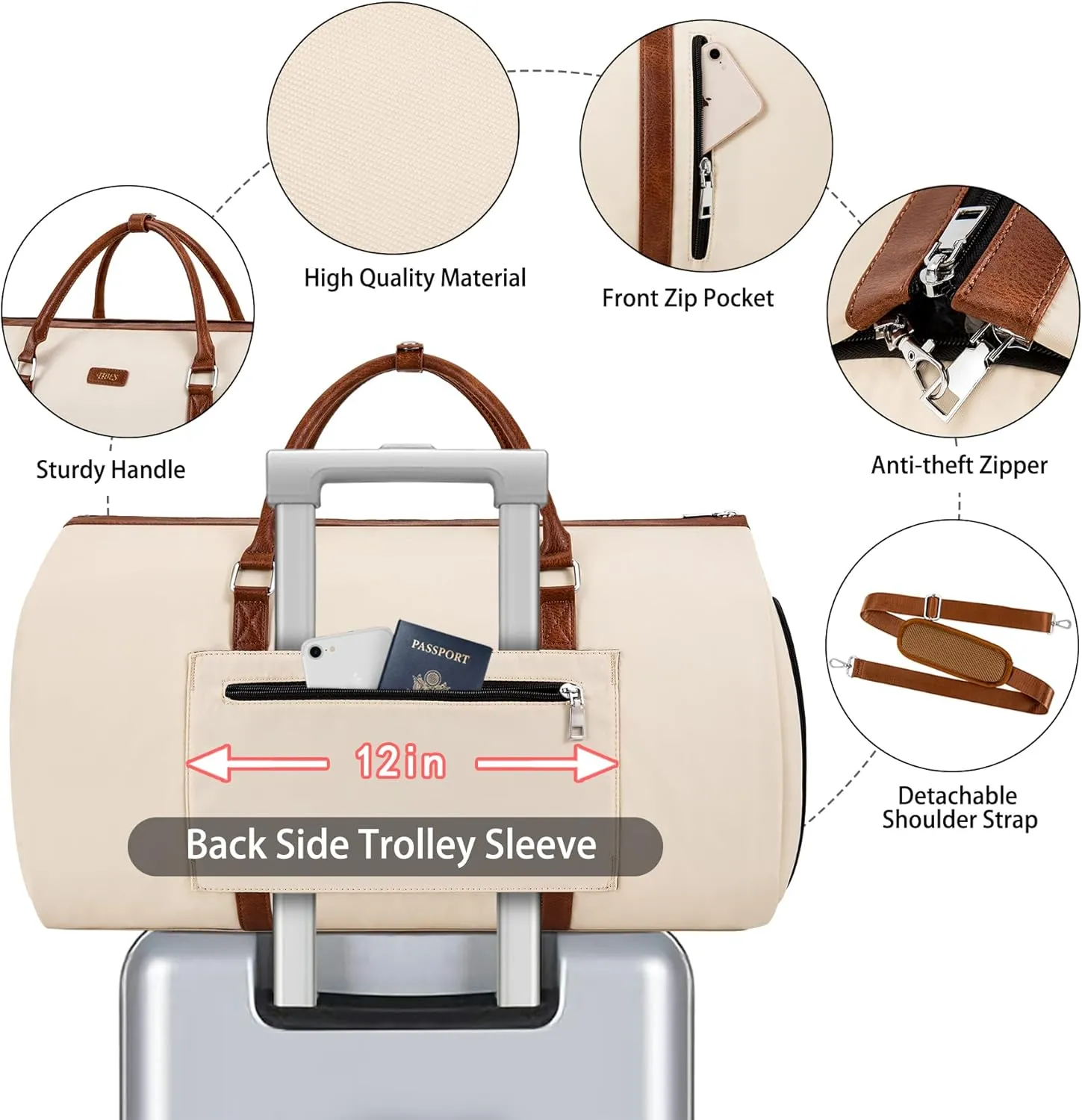 Convertible Garment Duffle Bags for Travel - Carry On Garment Bags With Toiletry Bag, Large Weekender Bags for Women Men 2 in 1 Hanging Suitcase Suit Travel Duffel Bags (Off White)