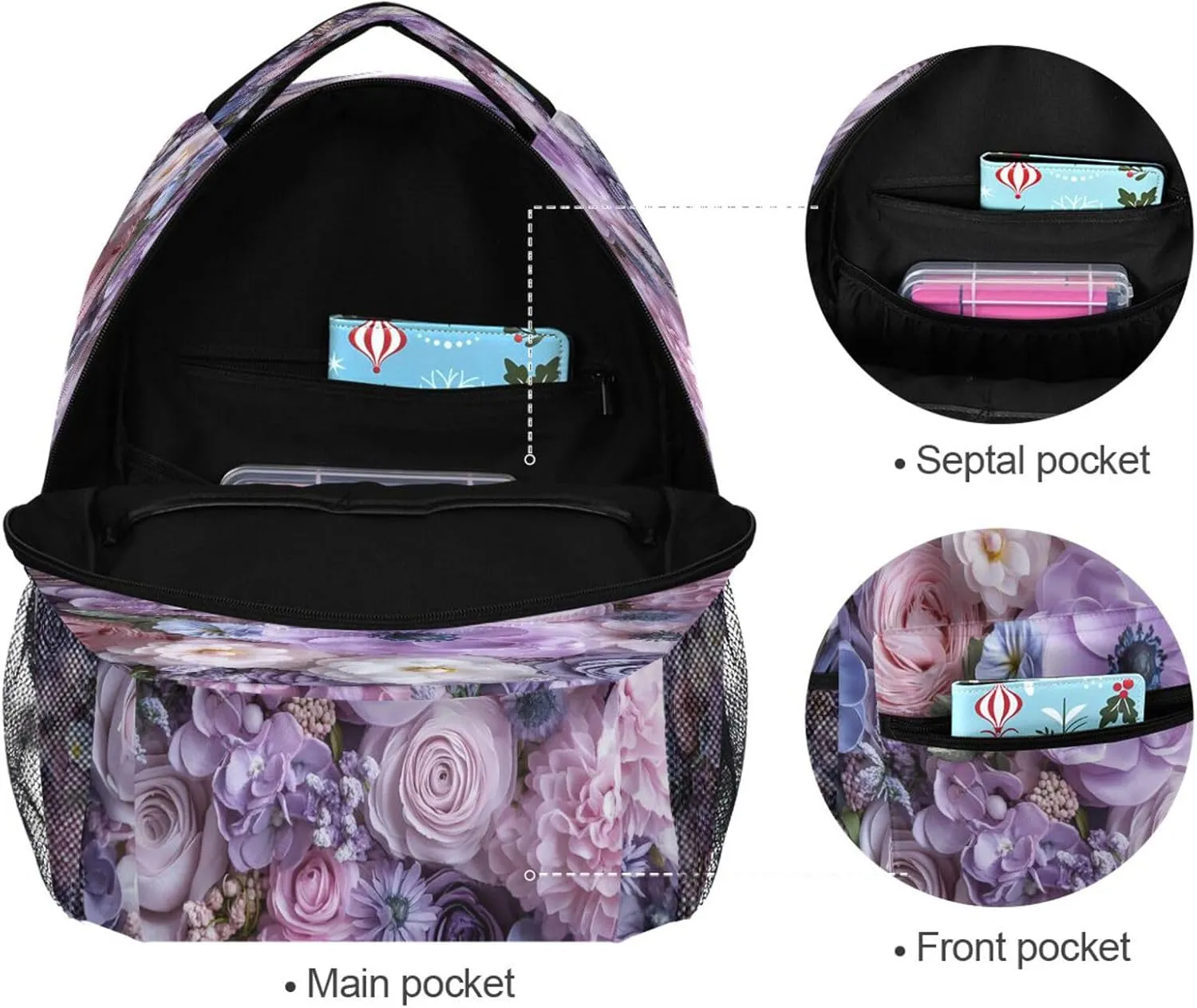 Cool Backpacks for Unisex Adult Fashion Personal Backpack with Chest Strap for Travel Trip Purple Flowers