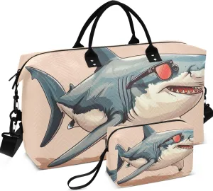 Cool Sea Shark Funny Duffel Bags Travel Cosmetic Pouch Set of 2, Cartoon Womens Luggage Bag Overnight Hospital Bag