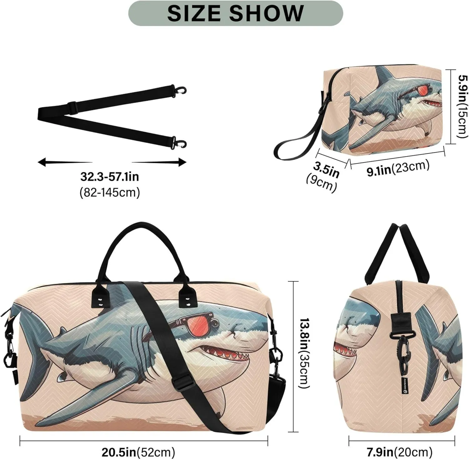 Cool Sea Shark Funny Duffel Bags Travel Cosmetic Pouch Set of 2, Cartoon Womens Luggage Bag Overnight Hospital Bag