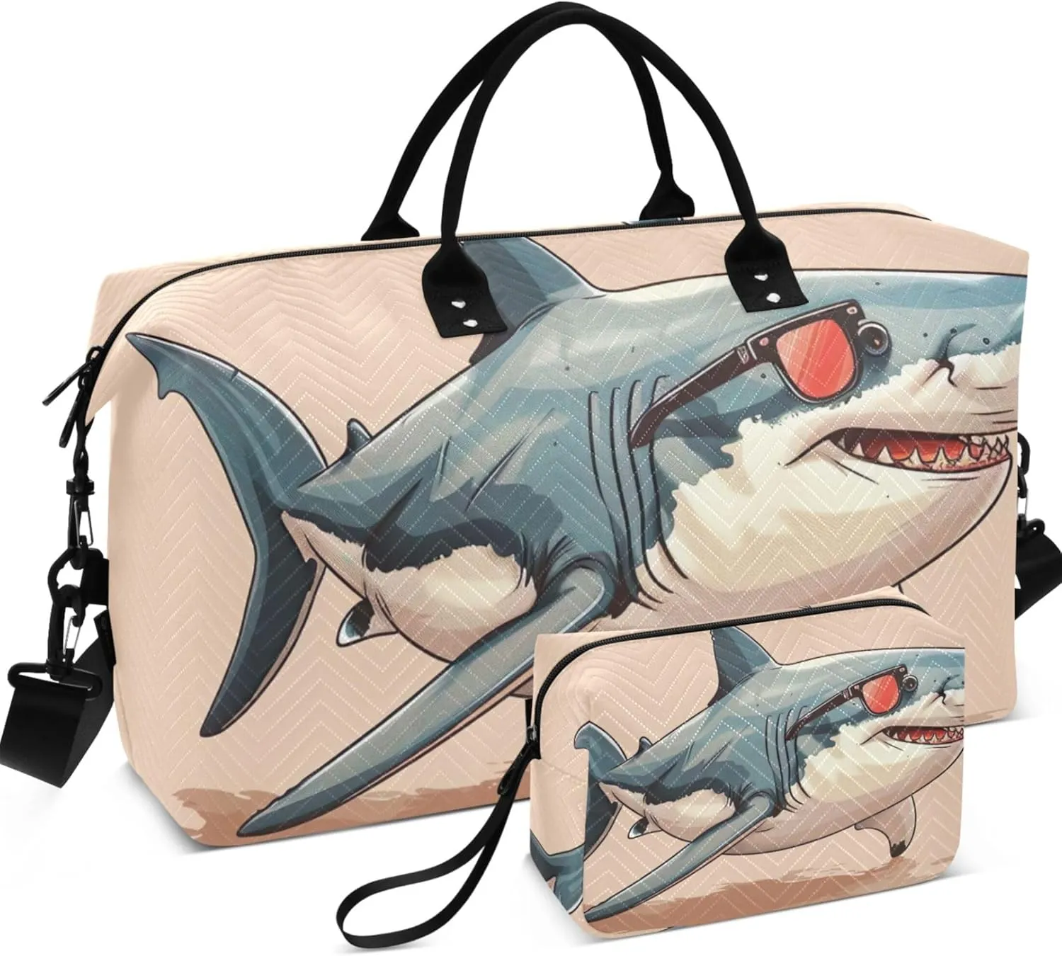 Cool Sea Shark Funny Duffel Bags Travel Cosmetic Pouch Set of 2, Cartoon Womens Luggage Bag Overnight Hospital Bag