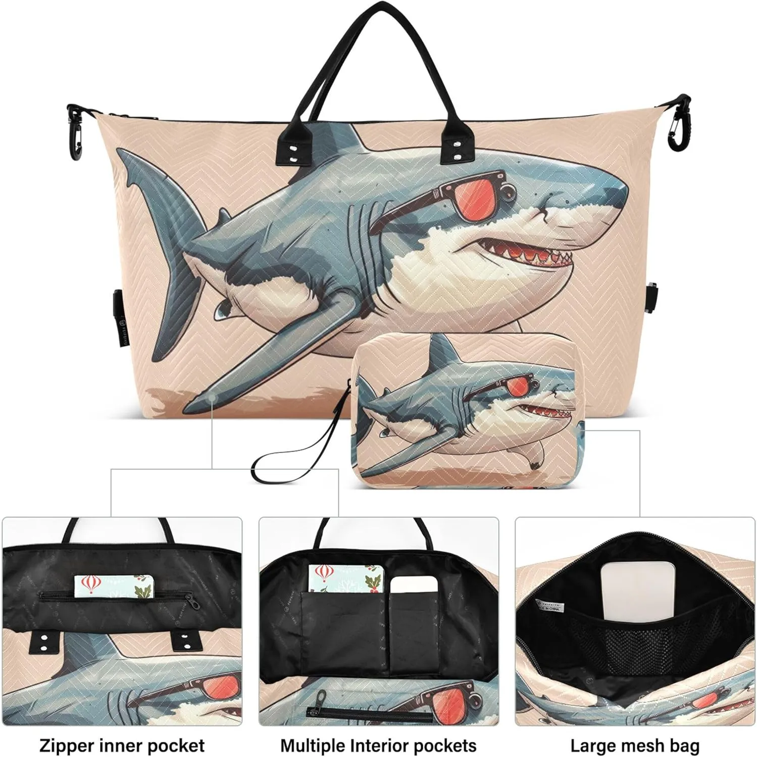 Cool Sea Shark Funny Duffel Bags Travel Cosmetic Pouch Set of 2, Cartoon Womens Luggage Bag Overnight Hospital Bag