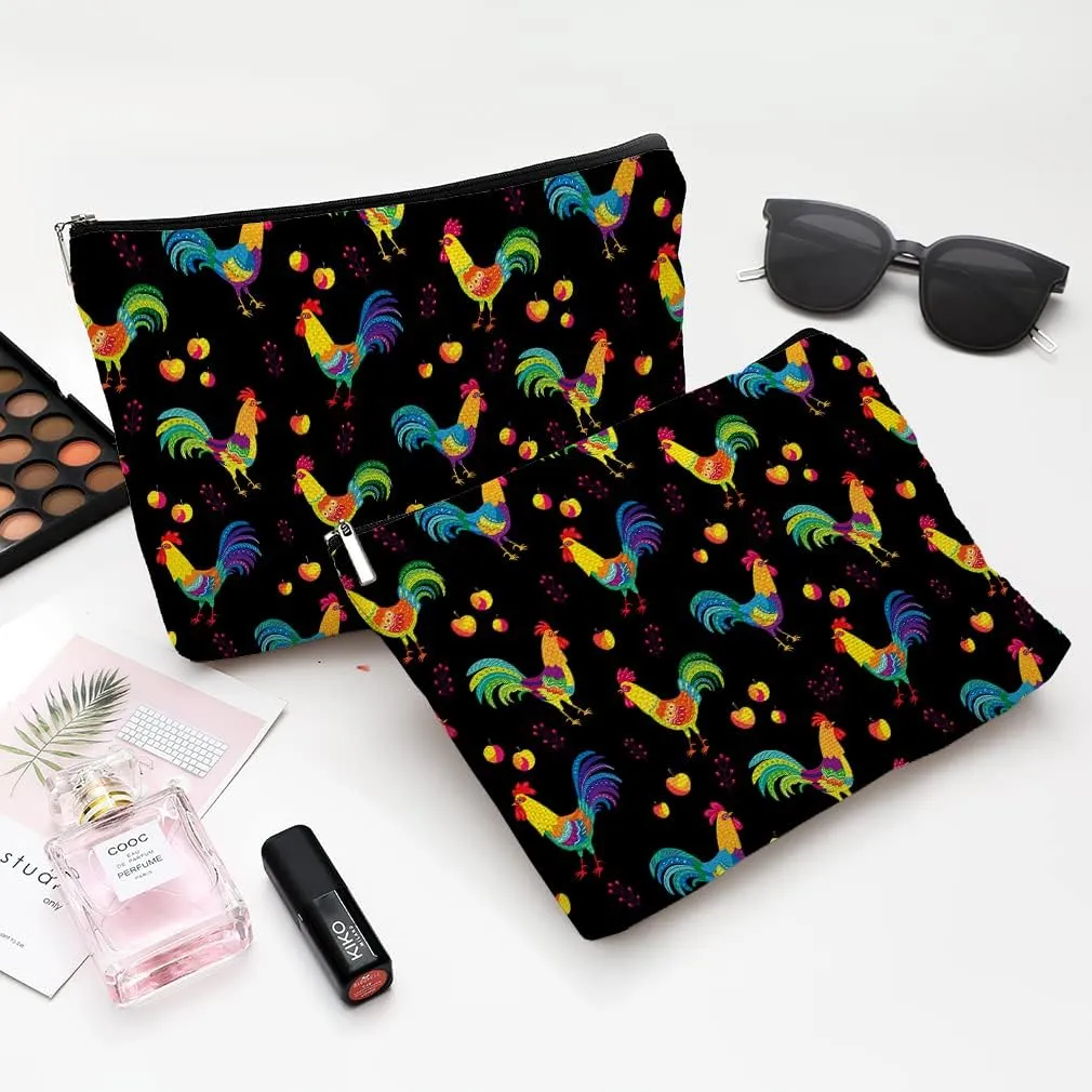 Cosmetic Bags for Women Cute Makeup Bag for Purse Canvas Travel Toiletry Bag Funny Zipper Pouch-Black Chicken Makeup Bags