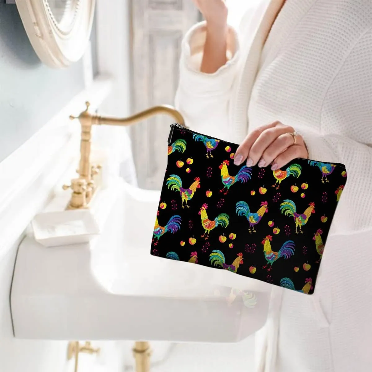 Cosmetic Bags for Women Cute Makeup Bag for Purse Canvas Travel Toiletry Bag Funny Zipper Pouch-Black Chicken Makeup Bags