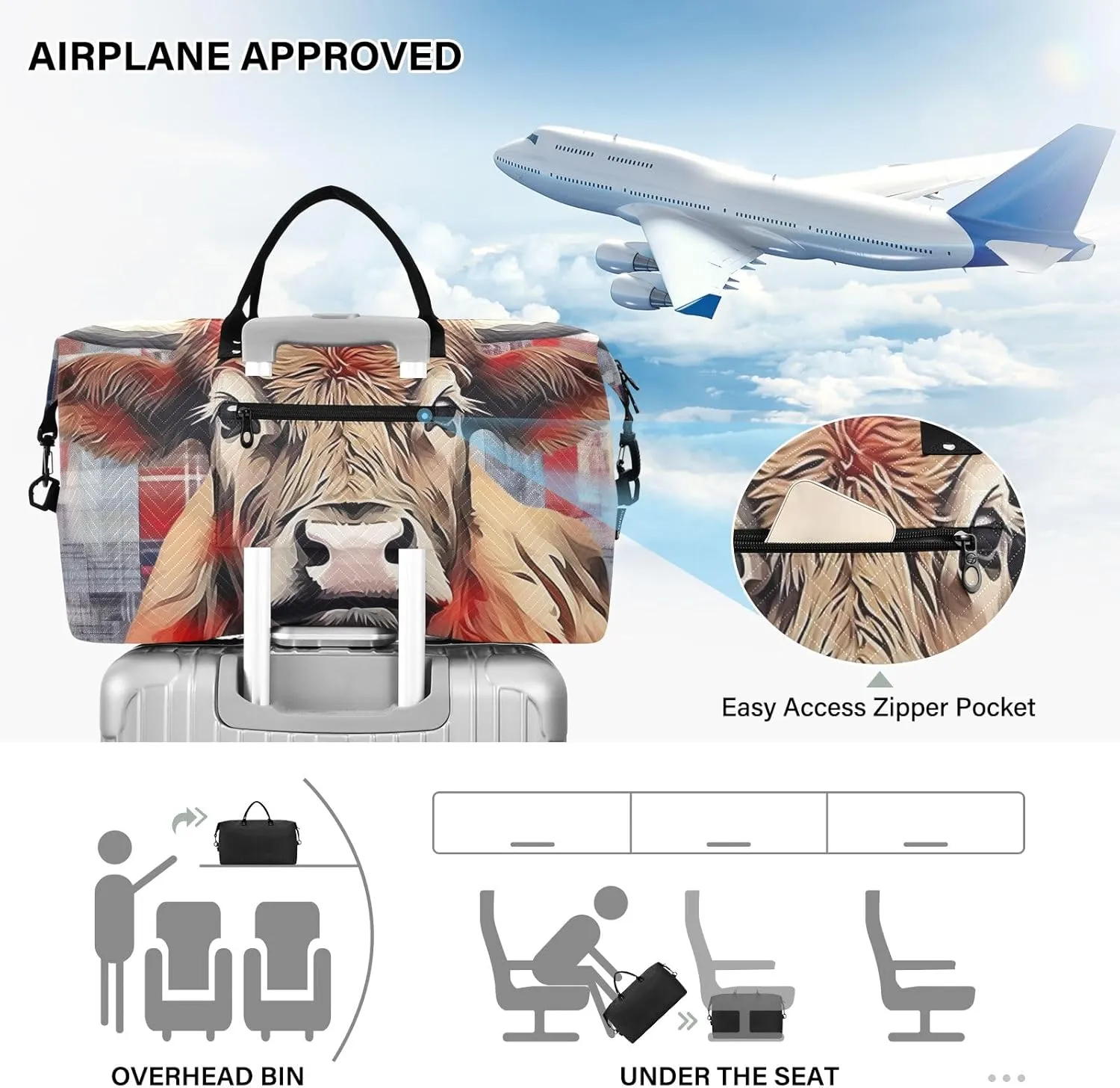 Cow and Plaid Carry on Duffle Bag Quilted Travel Bag Gym Bags Weekender Bag Mens