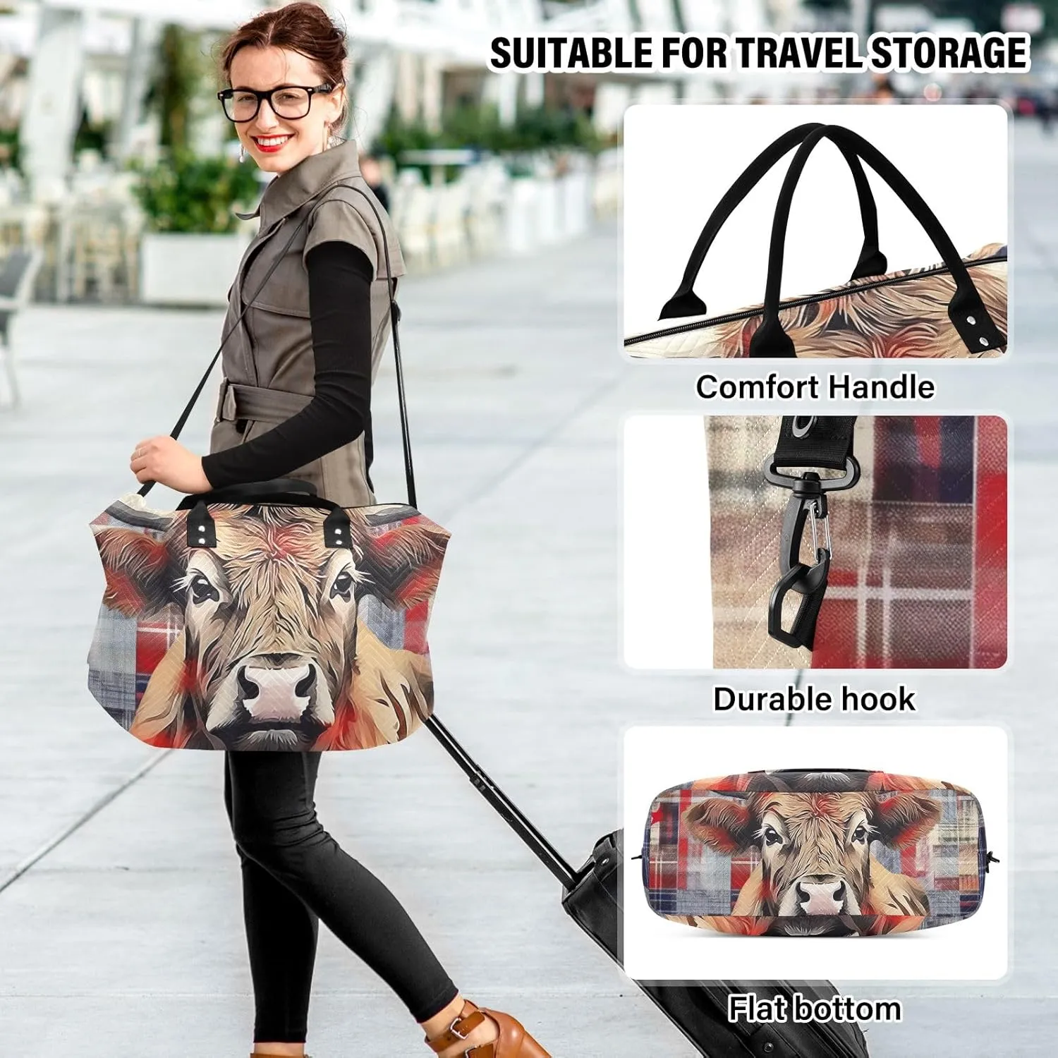 Cow and Plaid Carry on Duffle Bag Quilted Travel Bag Gym Bags Weekender Bag Mens