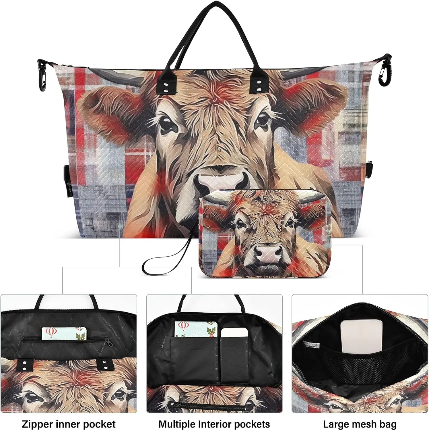 Cow and Plaid Carry on Duffle Bag Quilted Travel Bag Gym Bags Weekender Bag Mens