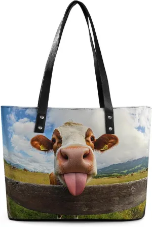 Cow Funny Tongue Women's Handbags and Purses Fashion Handle Tote Ladies Shoulder Bags for Work Travel