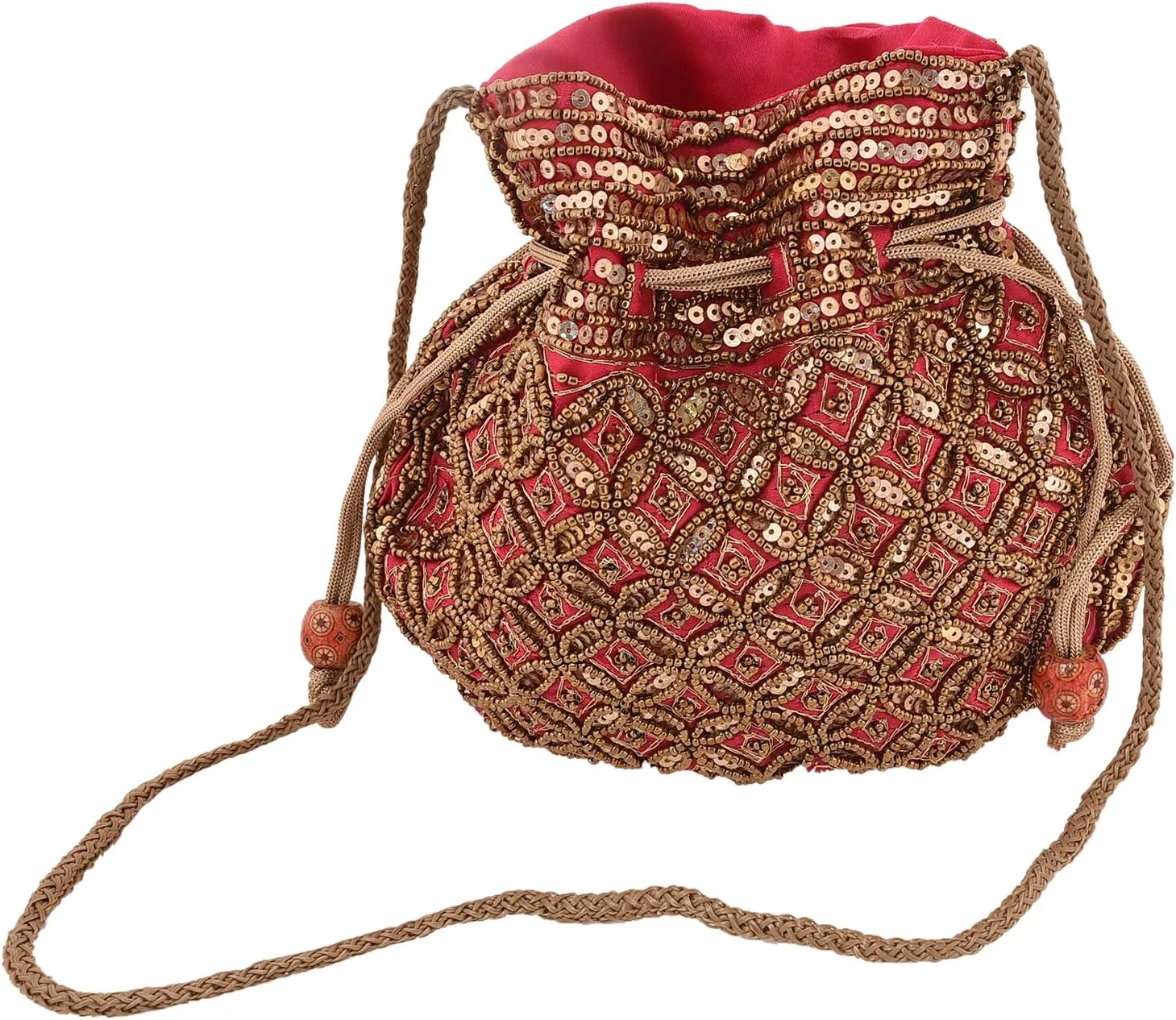 Craft Trade Women's Cotton Embroidered Potli Bag with Drawstring and Pearl Handle Pouch Golden Work Ladies Purse for Bridal